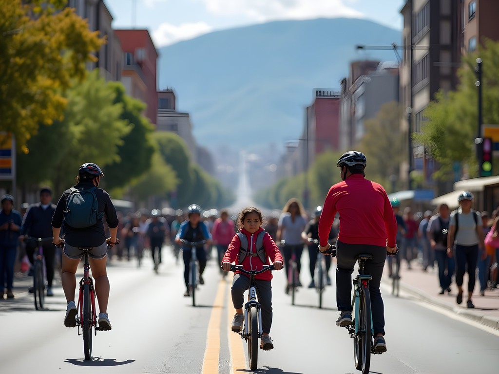 Families enjoying car-free streets during Sunday Ciclovía in Bogotá