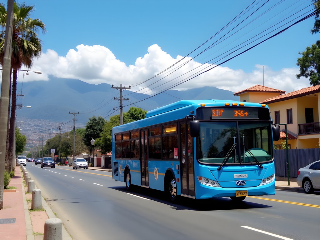 Blue SITP bus navigating through a residential Bogotá neighborhood