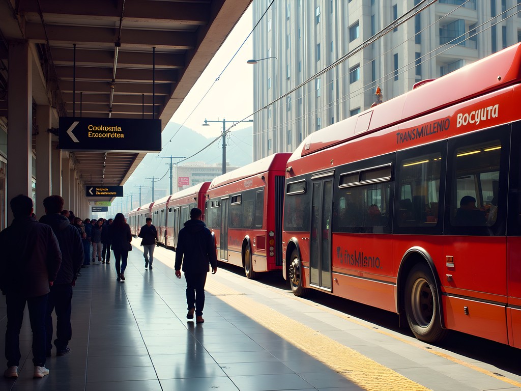 Busy TransMilenio station in Bogotá with red articulated buses