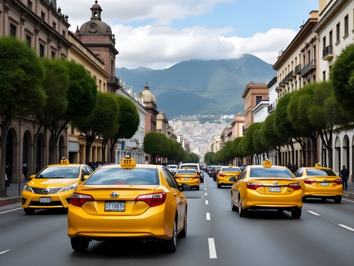 Yellow taxi navigating through busy Bogotá street with mountains in background
