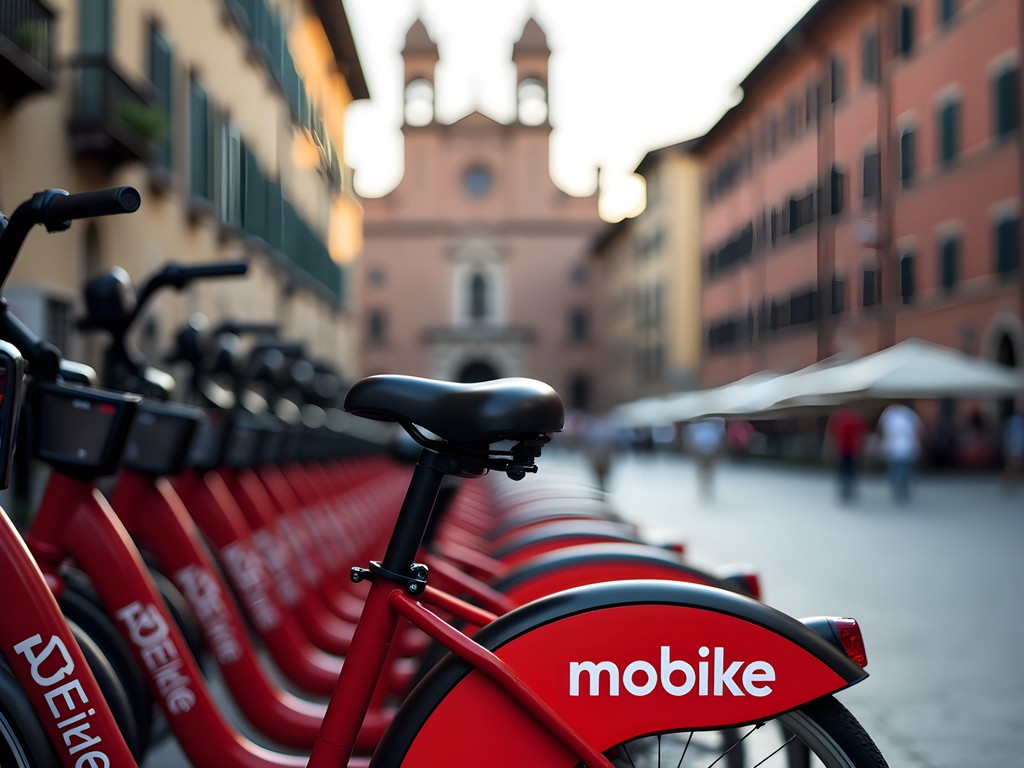Bologna's bike sharing service with bicycles parked near historic landmarks