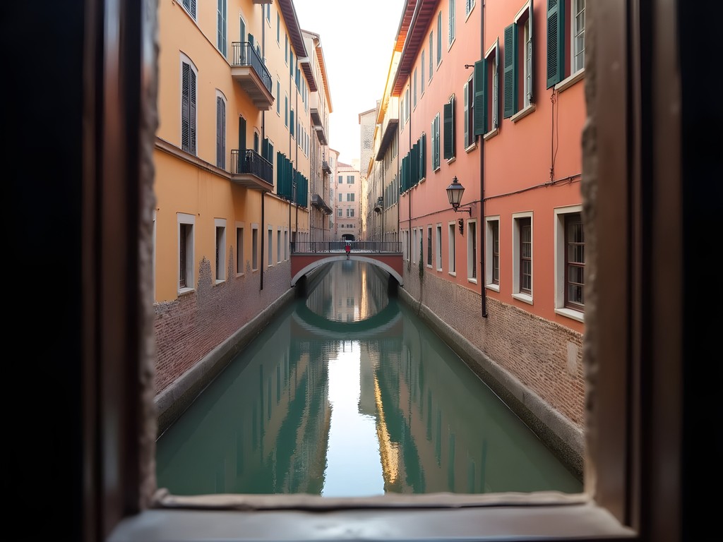 View of Bologna's hidden canals through the famous window on Via Piella