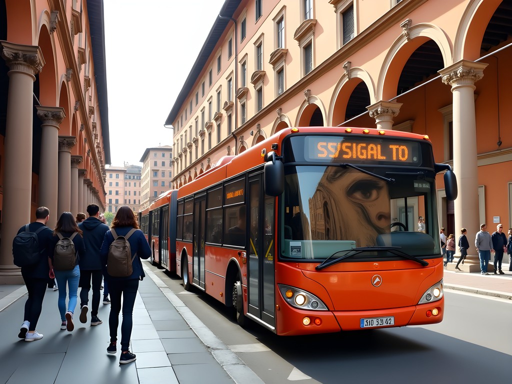 Bologna city bus stopping under historic porticoes with students boarding