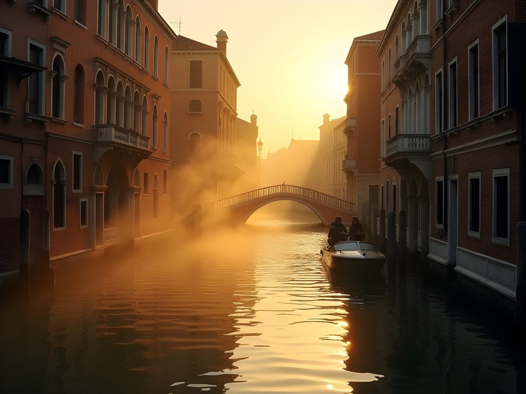 Empty early morning streets of Venice with golden light and no crowds