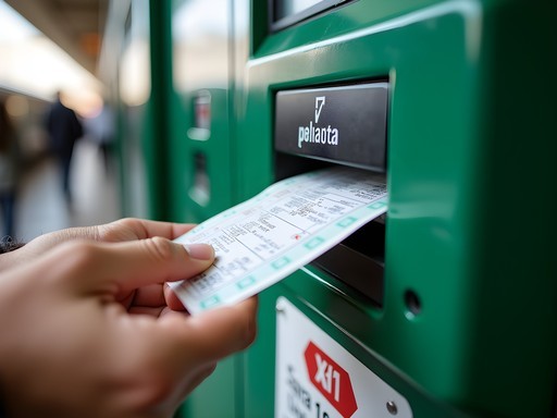 Close-up of hands validating a regional train ticket in a green machine at Bologna station