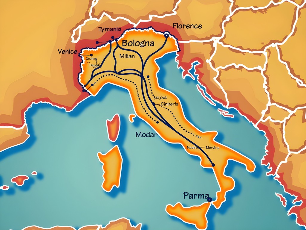 Map showing train routes from Bologna to major Northern Italian cities with travel times