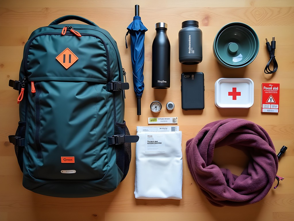 Neatly organized day pack with essential items for train travel from Bologna