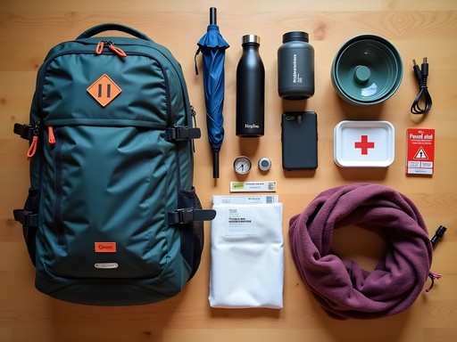 Neatly organized day pack with essential items for train travel from Bologna