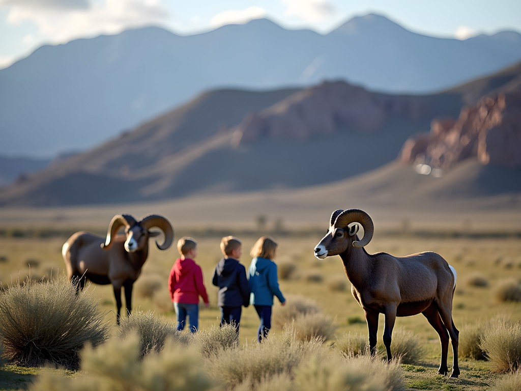 Wild bighorn sheep grazing in Hemenway Park with families watching
