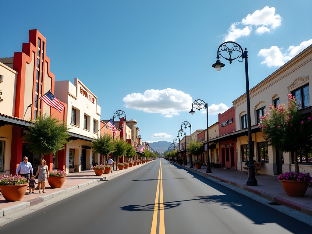 Historic district of Boulder City, Nevada with Art Deco buildings and spring blooms
