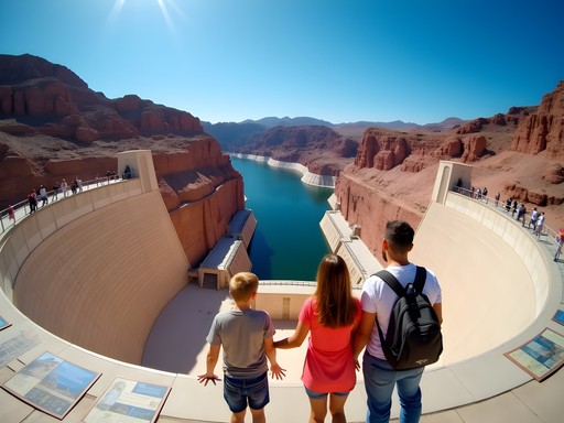 Family at Hoover Dam observation point overlooking the massive structure
