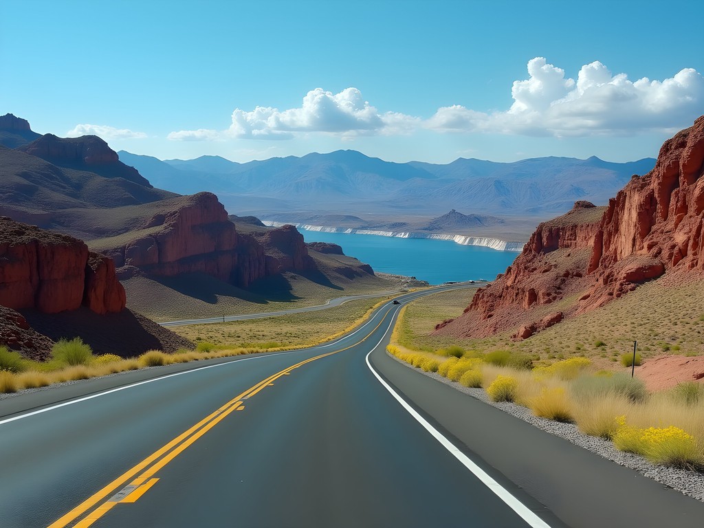 Scenic highway approaching Hoover Dam with spring desert blooms