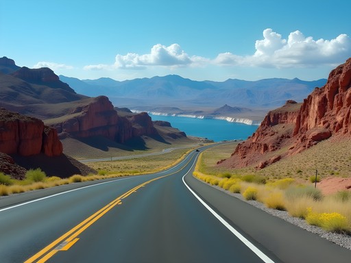 Scenic highway approaching Hoover Dam with spring desert blooms