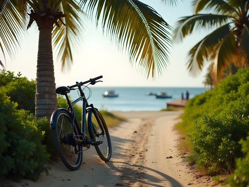 Bicycle leaning against palm tree on coastal path near Brikama