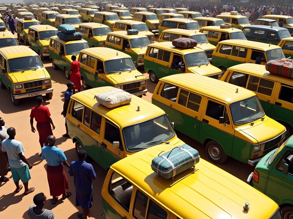 Busy bush taxi station in central Brikama with colorful minivans and passengers