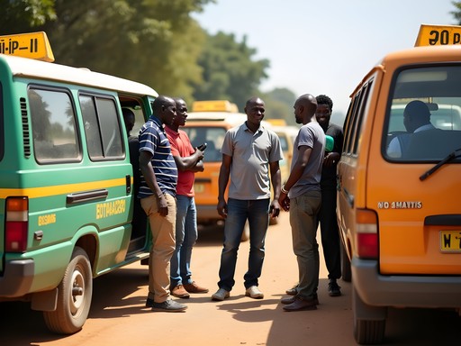 Traveler communicating with local bush taxi drivers in Brikama transport hub