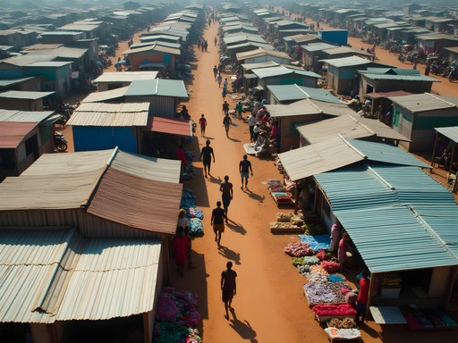 Aerial view of Brikama's colorful market district with vendor stalls and crowds