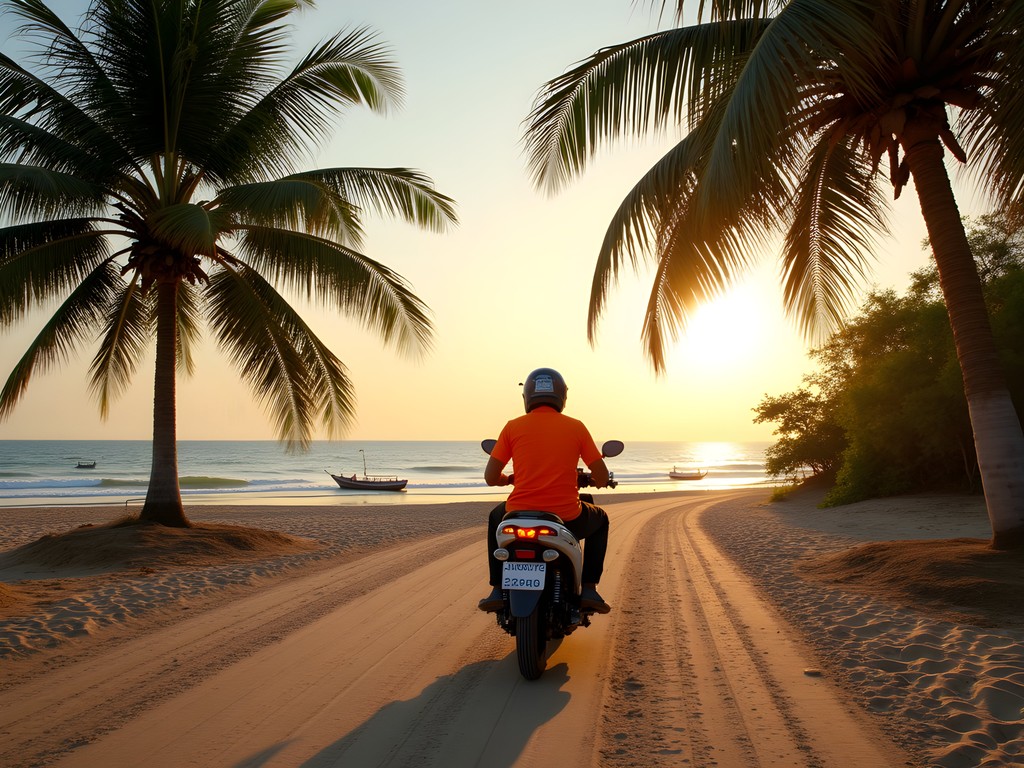 Motorcycle taxi navigating coastal road near Brikama with ocean view