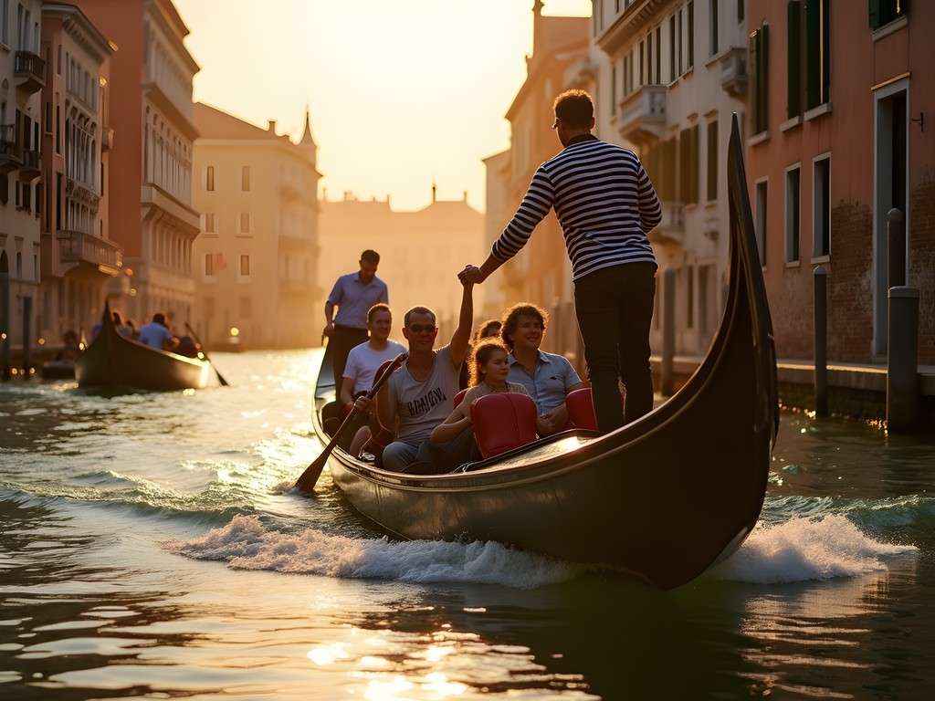 Locals and tourists crossing Grand Canal on traditional traghetto gondola