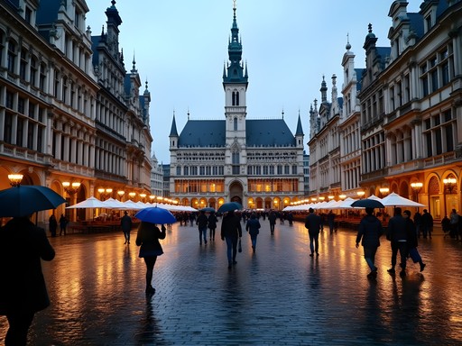 Rainy evening at Grand Place in Brussels with reflections on cobblestone streets
