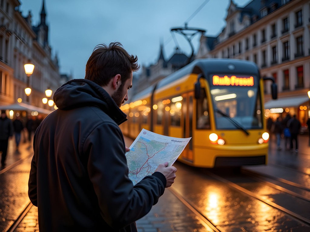 Evening tram in Brussels with illuminated Grand Place visible in background