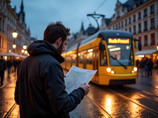 Evening tram in Brussels with illuminated Grand Place visible in background