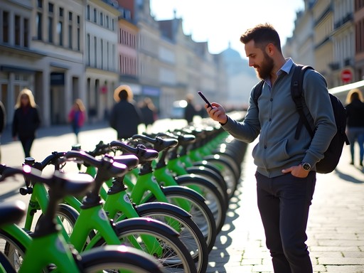 Villo! bike sharing station in Brussels with Grand Place in background