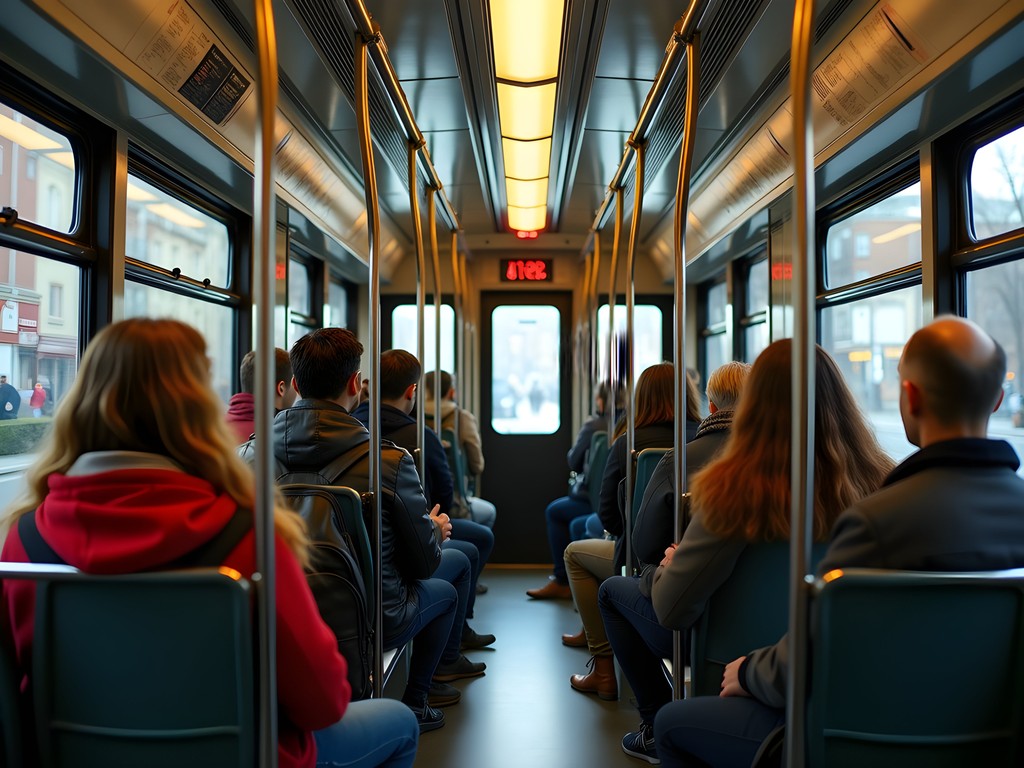 Interior of Budapest tram with locals and students using public transportation