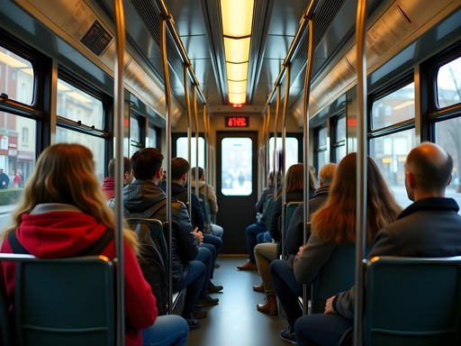 Interior of Budapest tram with locals and students using public transportation
