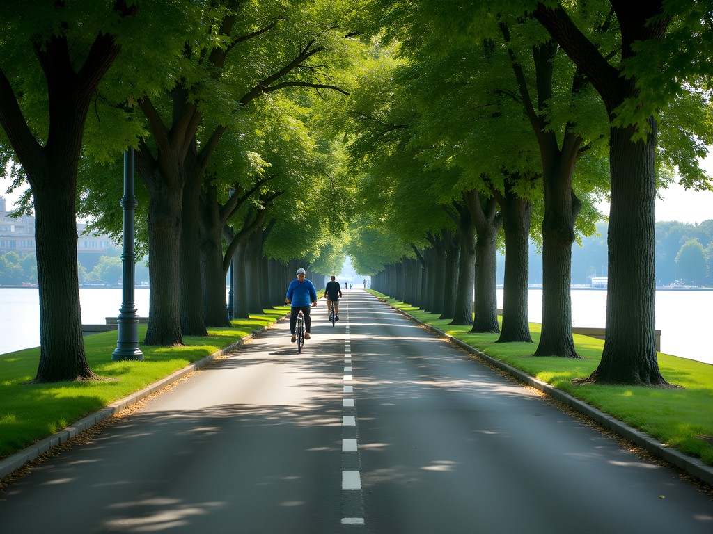 Tree-lined cycling path on Margaret Island with Danube River views