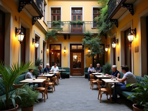 Secret courtyard cafe in Budapest's Jewish Quarter with locals relaxing