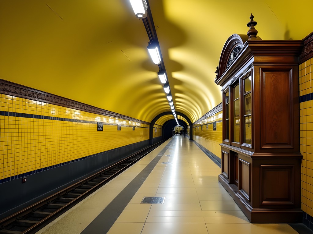 Historic yellow-tiled station on Budapest Metro Line 1 with vintage details