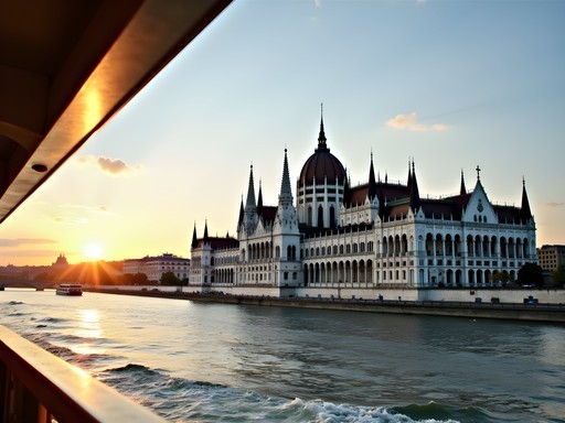 View from Budapest public ferry showing Hungarian Parliament Building at sunset