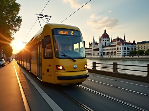 Yellow Budapest tram passing by Hungarian Parliament Building along Danube River
