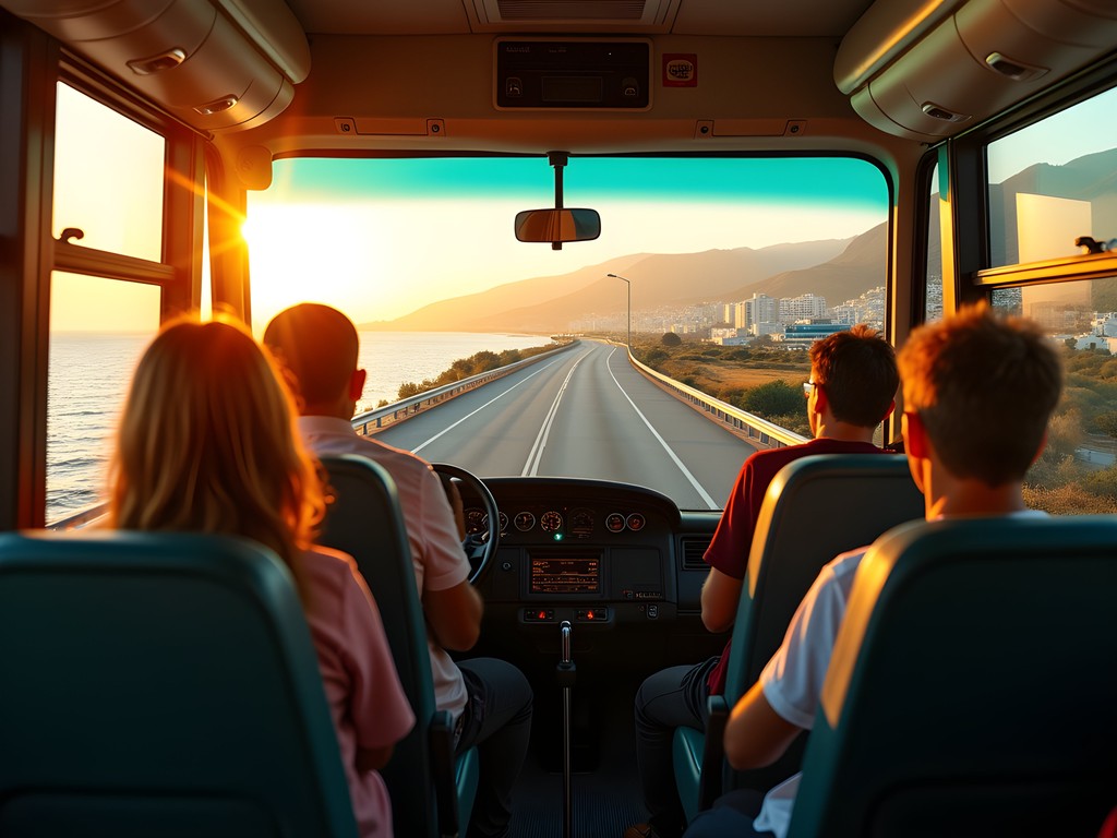 Bus traveling on Lebanon's coastal highway between Byblos and Beirut with Mediterranean views