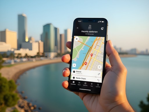 Smartphone showing ride-sharing app with Beirut destination against backdrop of city skyline