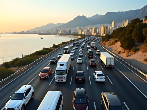 Heavy traffic on the highway approaching Beirut from Byblos with Mediterranean coastline visible