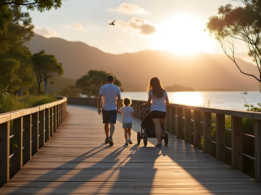 Family walking along Cairns Esplanade Boardwalk with strollers and mountains in background