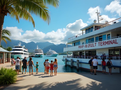 Cairns Reef Fleet Terminal with tour boats and families preparing to board