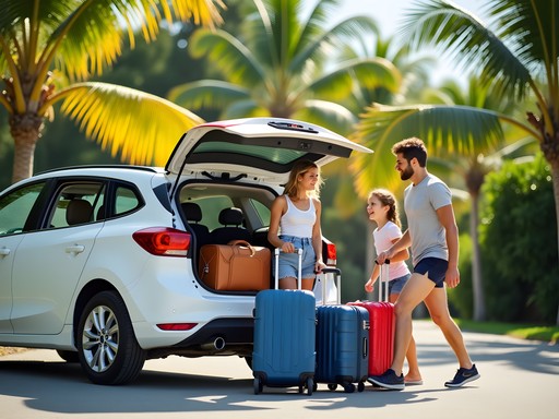 Family loading luggage into a rental car with tropical Cairns landscape in background
