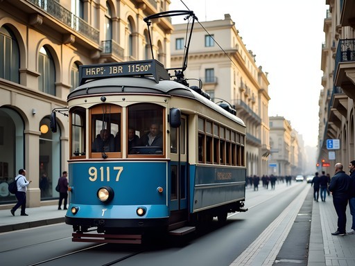 Vintage blue and cream tram in Heliopolis district with colonial architecture