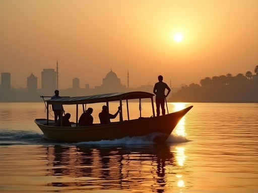 Traditional wooden ferry crossing the Nile River at sunset with Cairo skyline