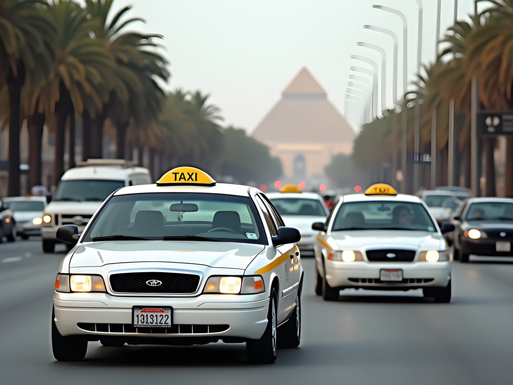 White Cairo taxi navigating busy street with pyramids visible in distance