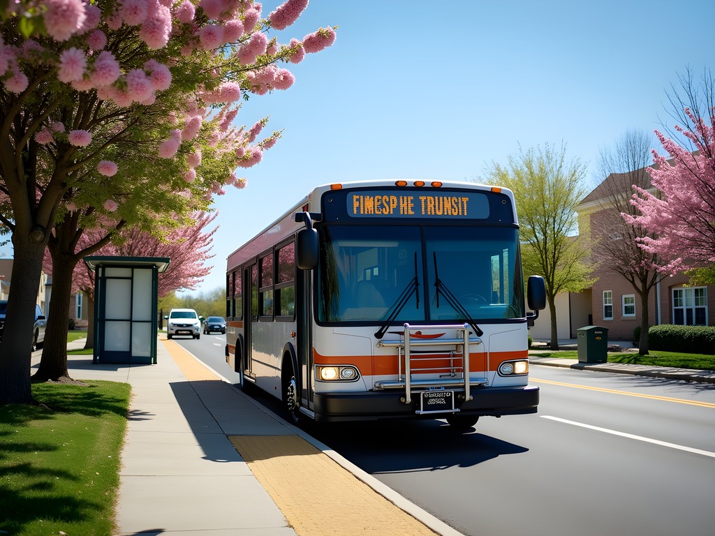 Hampton Roads Transit bus at a Chesapeake stop with spring flowers blooming nearby