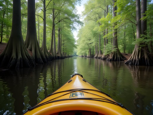 Kayaking on the Northwest River in Chesapeake with cypress trees and spring foliage