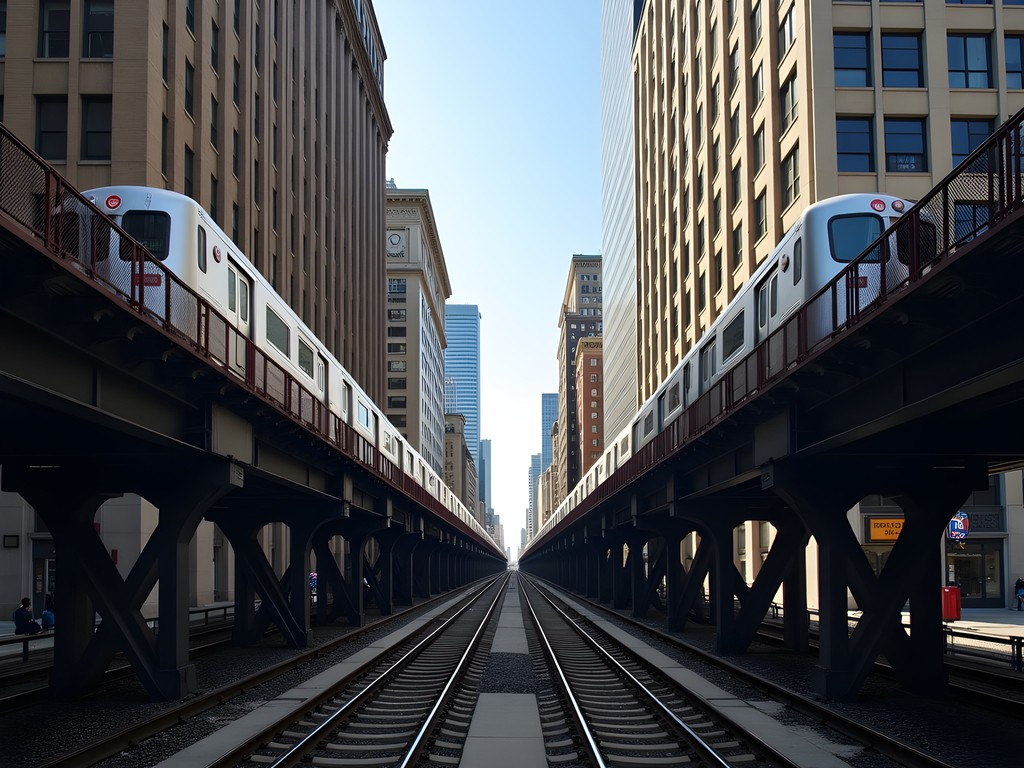 Chicago's iconic elevated L train tracks with a train passing through downtown buildings