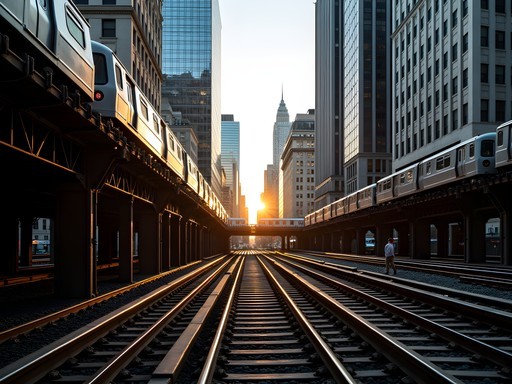 Chicago L train on the Loop with downtown skyscrapers and historic elevated track structure
