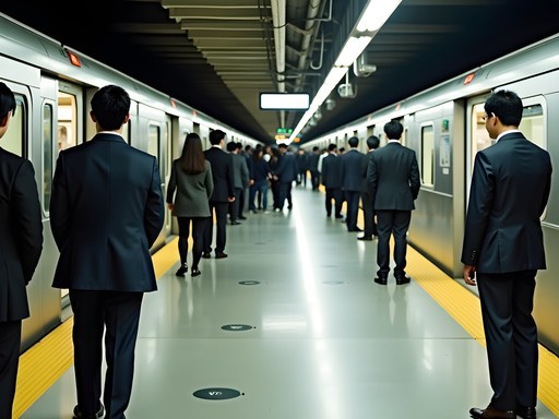 Orderly passenger queues on Tokyo metro platform with floor markings showing door positions