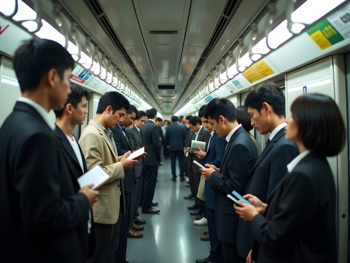Crowded Tokyo metro car during rush hour showing organized passenger arrangement