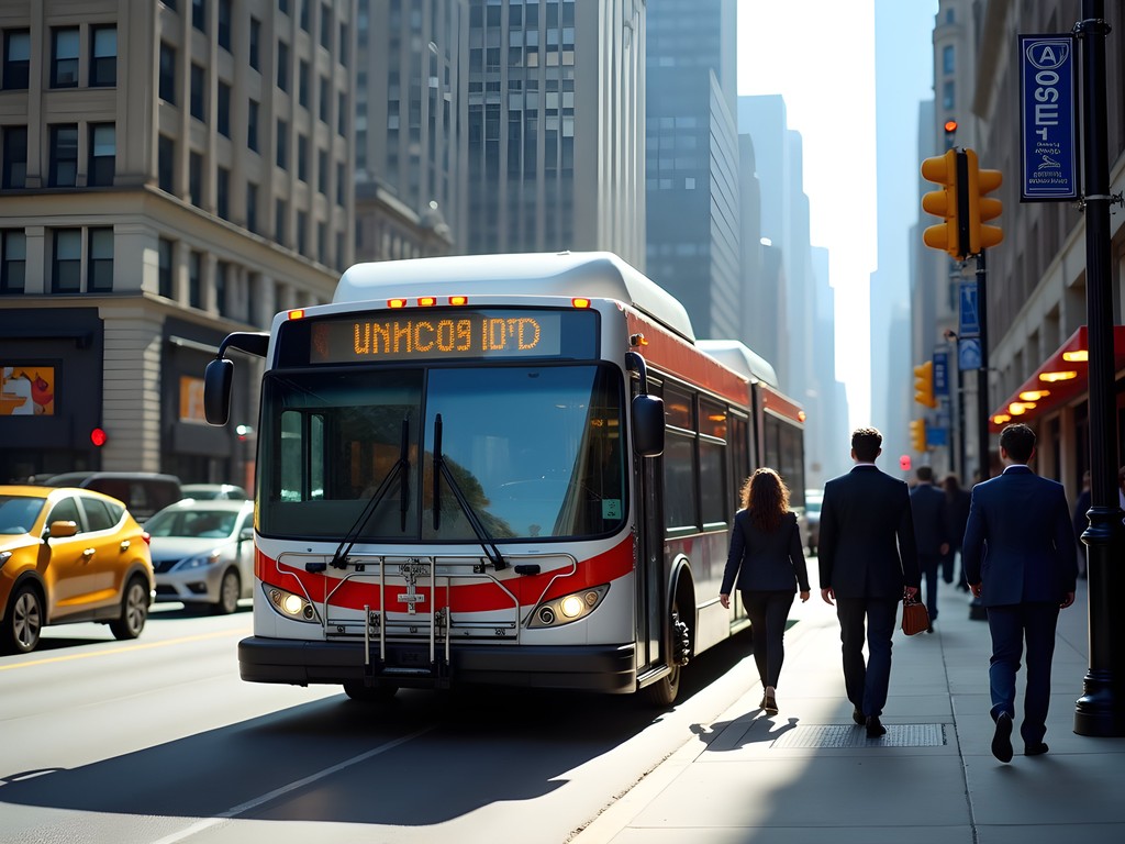 Chicago CTA bus on Michigan Avenue with business professionals boarding